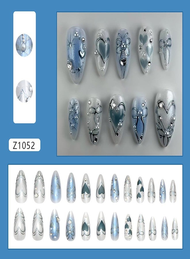 CJDLTS Pearl 3D Press on Nails Almond Medium Length Bow Love Heart Pattern Design Blue Smudge False Nail Full Cover Artificial Stick on Nails Stars Acrylic Fingernails DIY Glue on Nails for Women 24Pcs - Image 2